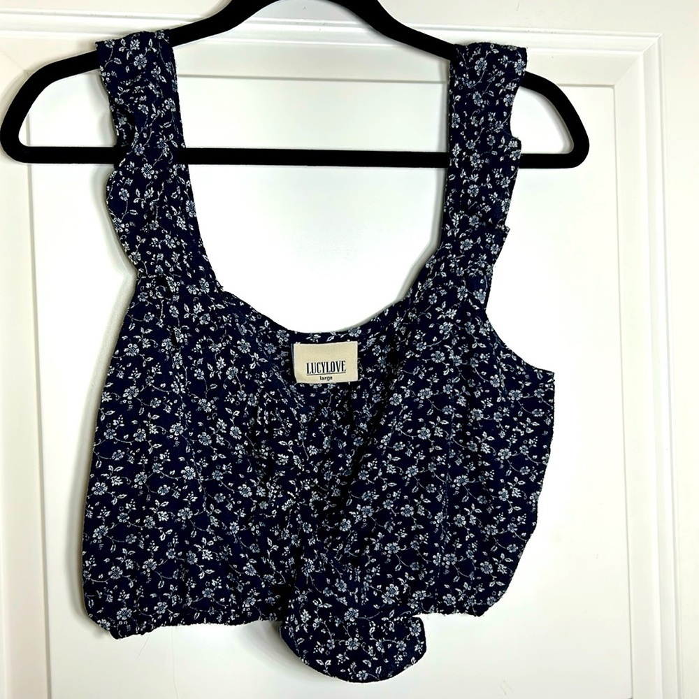 LUCYLOVE Floral Ruffle Crop- Halter Top, Size L